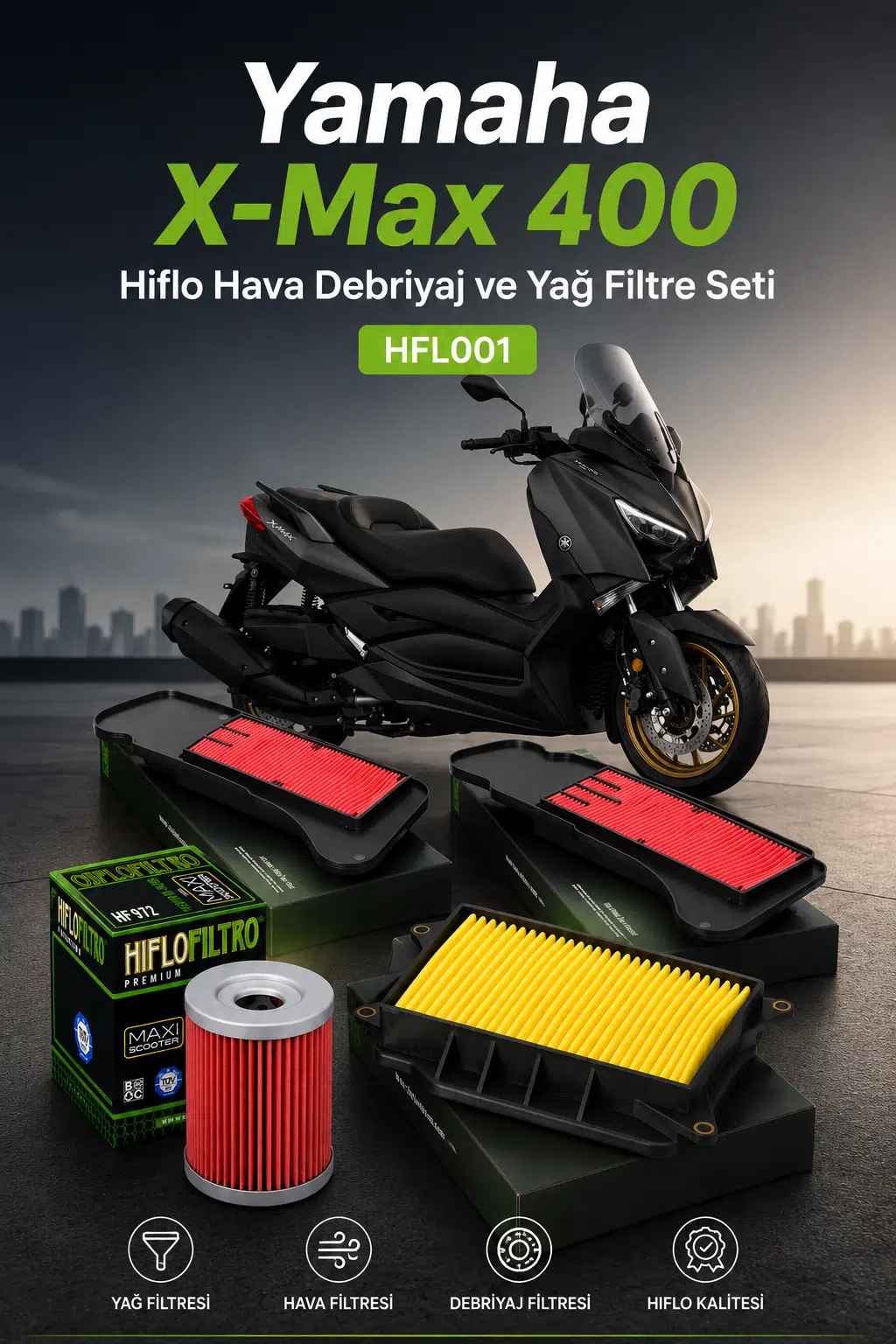 Yamaha X-Max 400 Hiflo Hava Debriyaj ve Yağ Filtre Seti HFL001