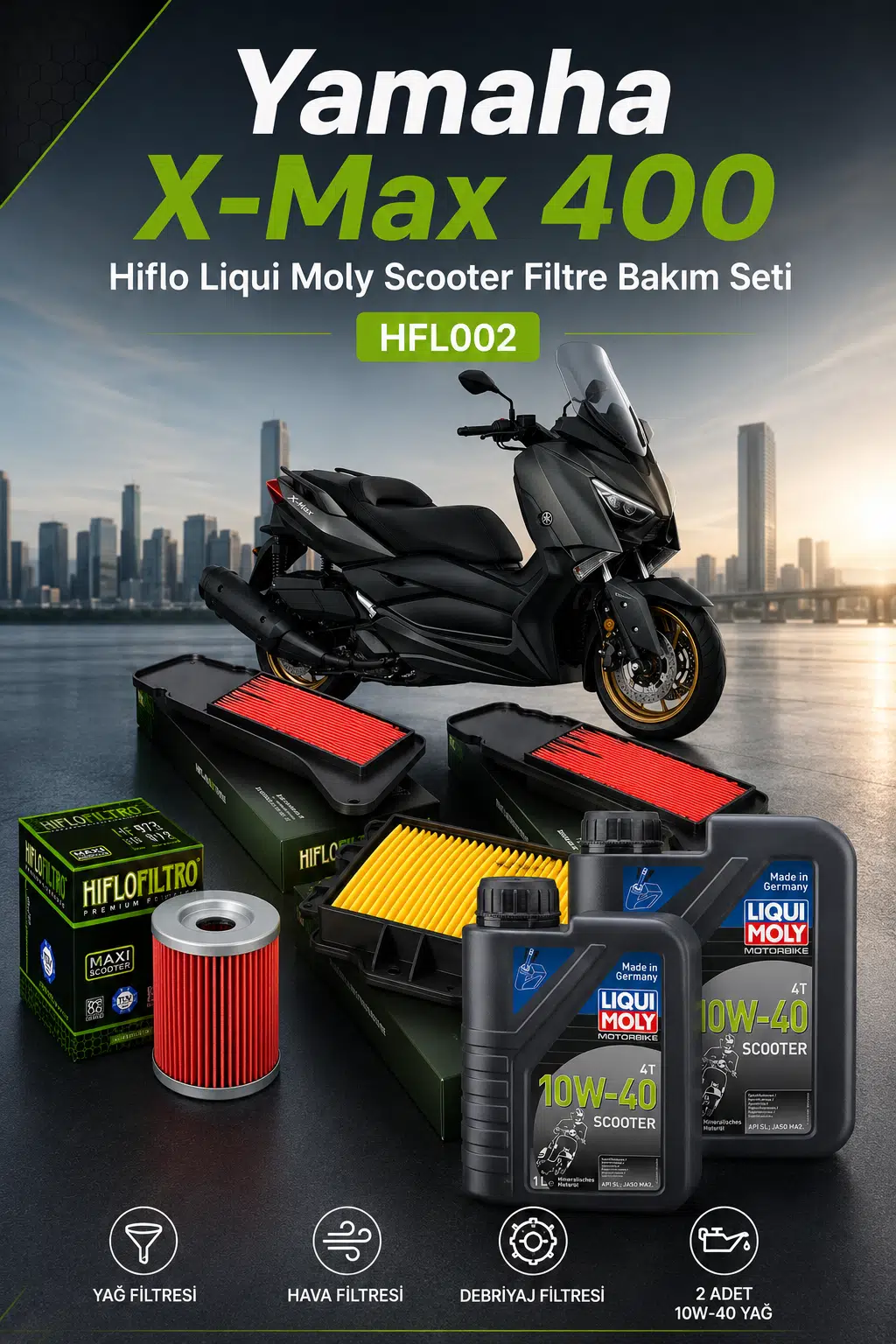 Yamaha X-Max 400 Hiflo Liqui Moly Scooter Filtre Bakım Seti HFL002