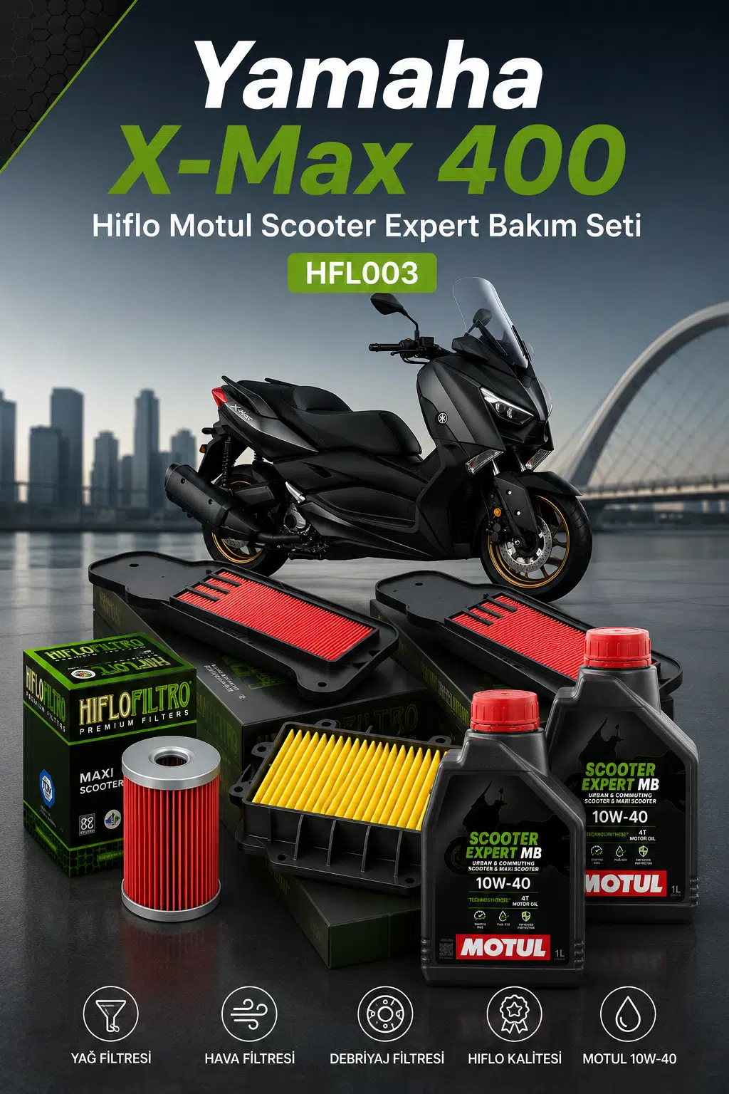 Yamaha X-Max 400 Hiflo Motul Scooter Expert Bakım Seti HFL003